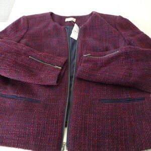 NEW LOFT TRENDY WOOL BLEND VINE/NAVY FRONT ZIP TWO POCKETS BOXY JACKET SIZE 14